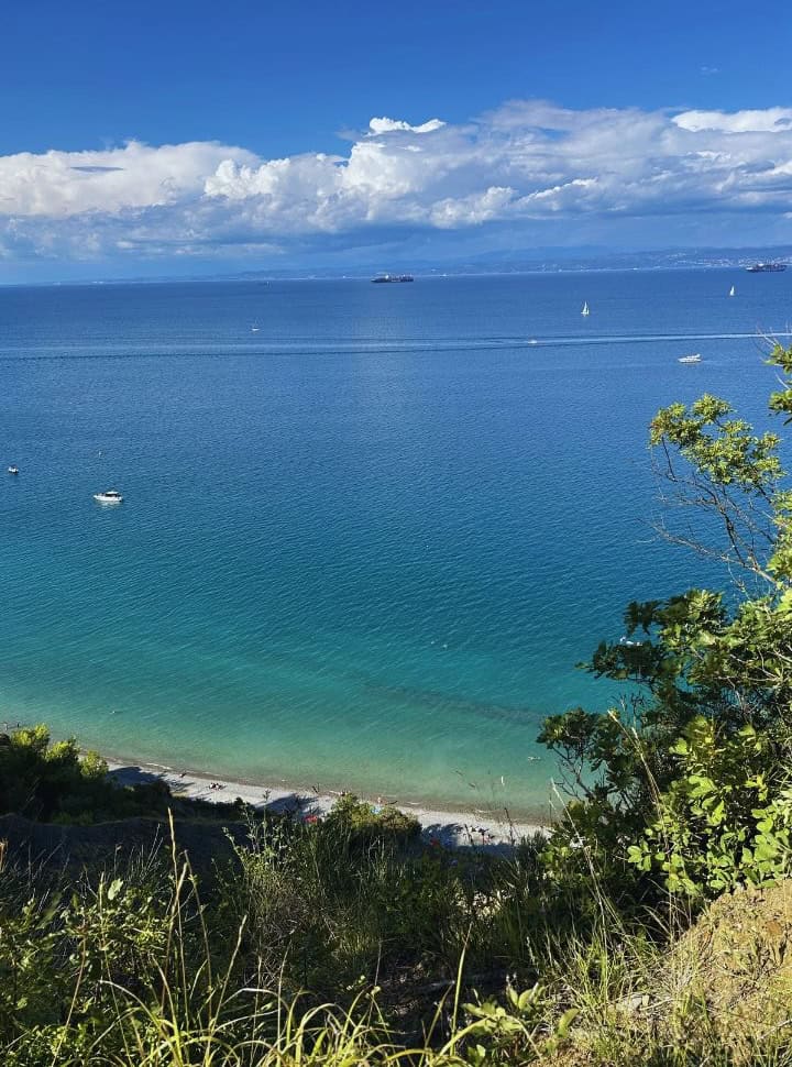 view of cliff beach with blue and turquoise water, sailing boats on a clear day along the Slovenian coast. 