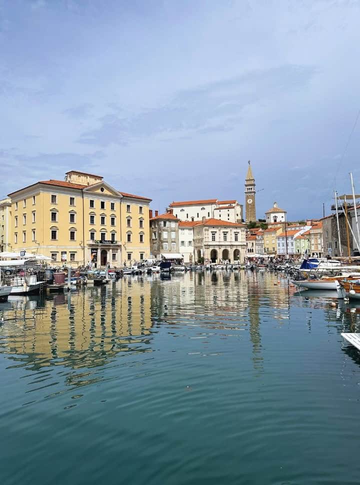 view of the harbor and the colorful buildings of Piran Slovenia, together with the prominent church tower